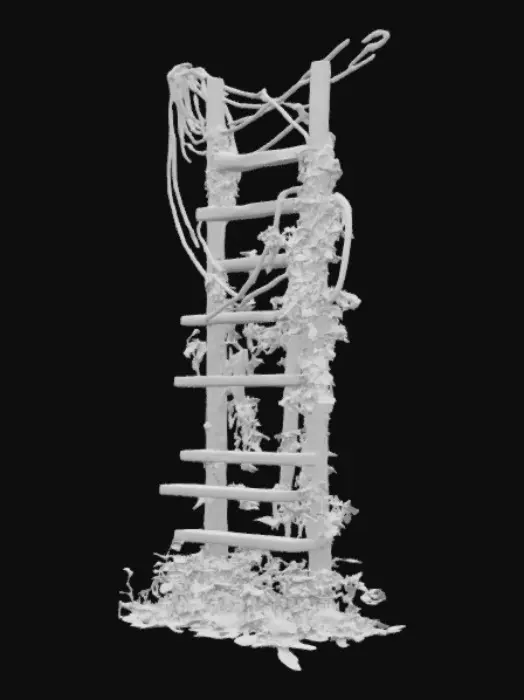 3D model for A wooden ladder leaning against a light brick wall overgrown with flowers and with black electrical wires hanging and draping over everything