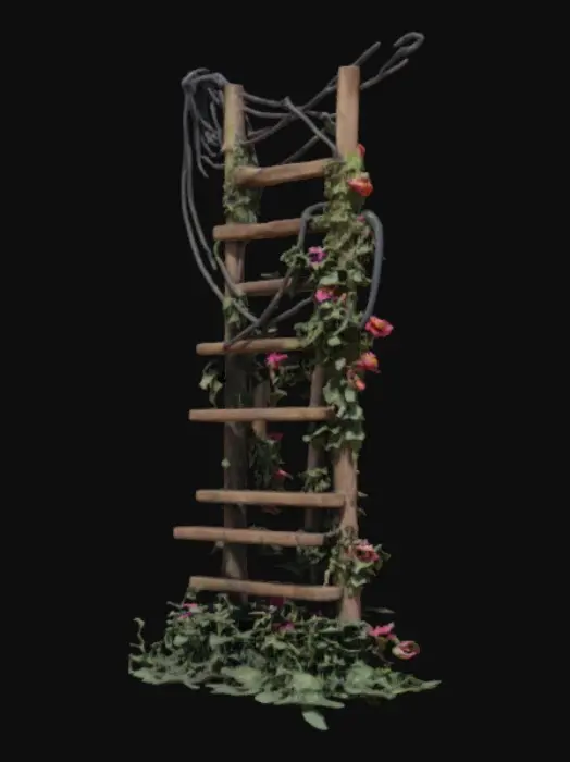 3D model for A wooden ladder leaning against a light brick wall overgrown with flowers and with black electrical wires hanging and draping over everything