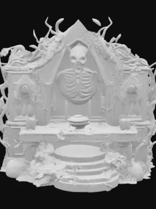 3D model for A satanic overgrown stone altar with red candles and red flowers growing on it