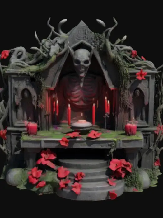 3D model for A satanic overgrown stone altar with red candles and red flowers growing on it