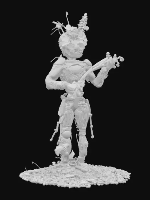 3D model for A dirt mech like golem with weeds and flowers on it playing the violin
