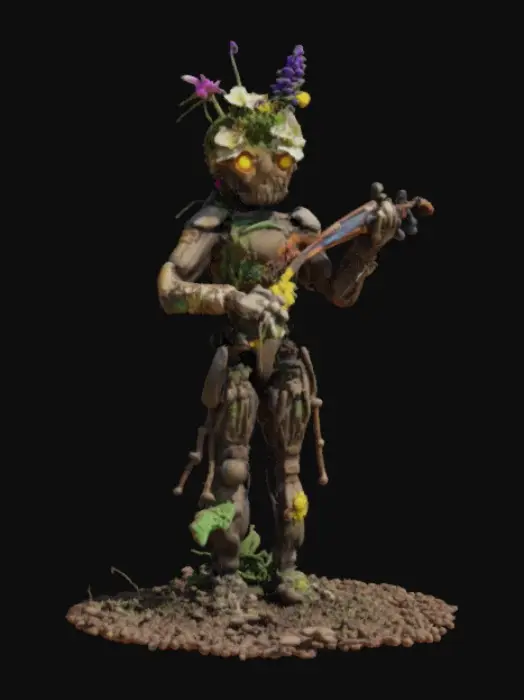 3D model for A dirt mech like golem with weeds and flowers on it playing the violin
