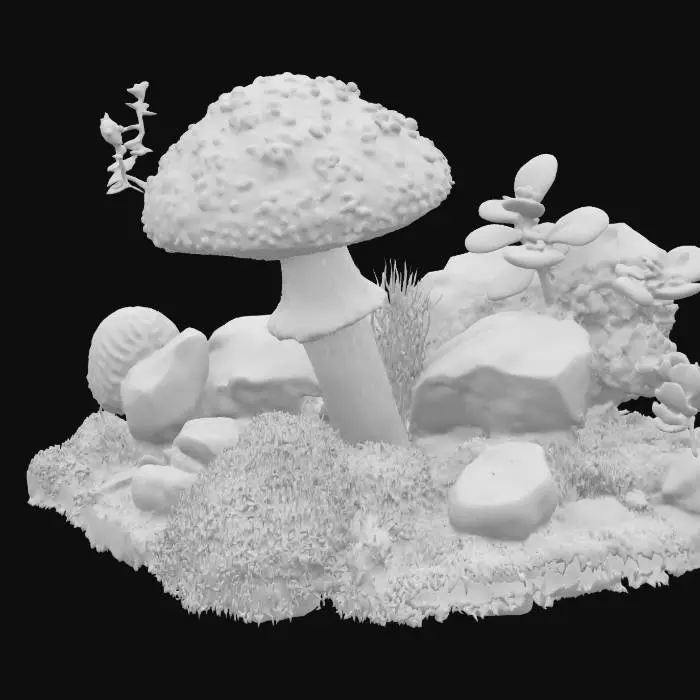 3D model for generate an image of a mushroom that has a red top with white spots that growing from a terrarium