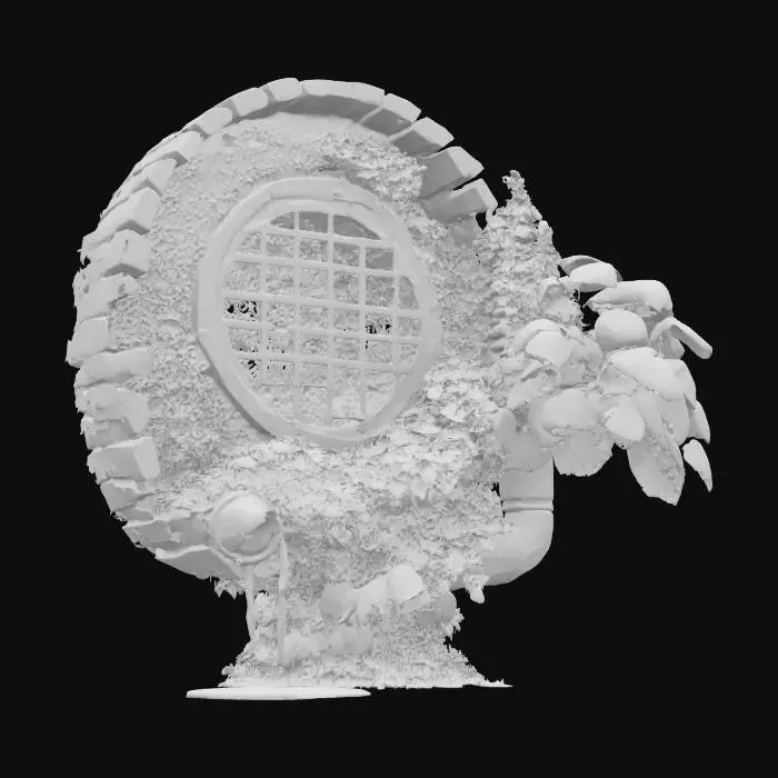 3D model for a silver metal vent on a broken brick wall overgrown with weeds. a drainage pipe with water spilling out is on the wall besides it