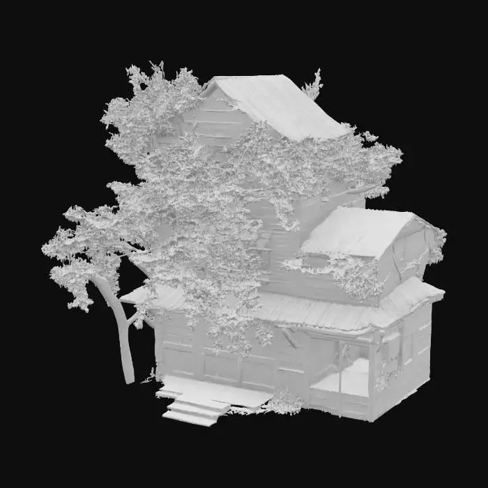 3D model for a old style japanese house with two stories overgrown with weeds and a large cherryblossom tree growwing next to itt