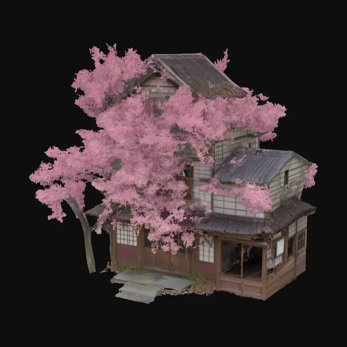 3D model for a old style japanese house with two stories overgrown with weeds and a large cherryblossom tree growwing next to itt