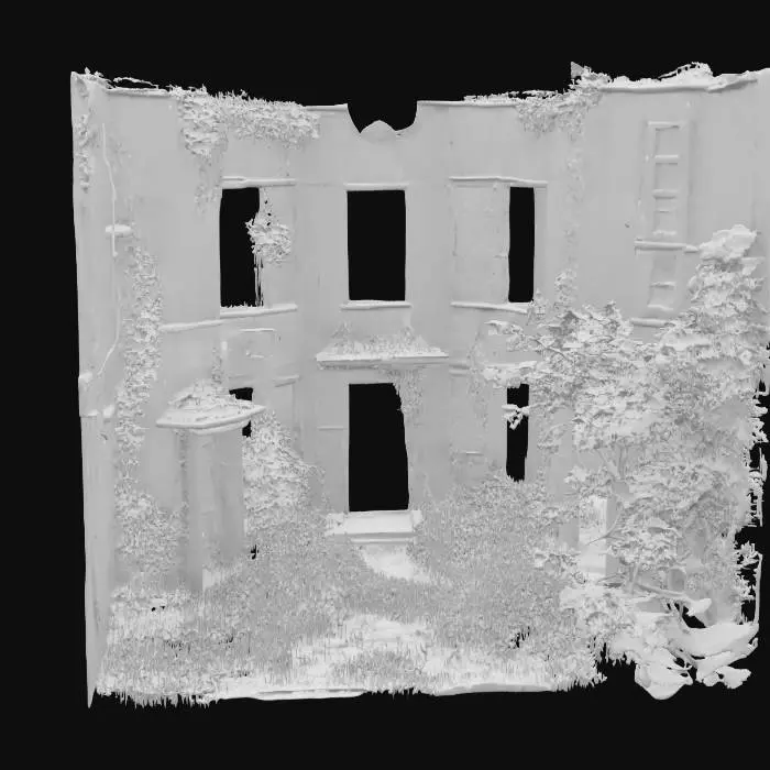3D model for a run down and abandoned building that is overgrown with weeds and has cherry blossom flowers snaking up it
