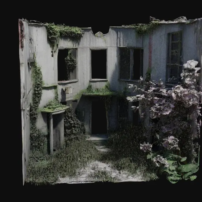 3D model for a run down and abandoned building that is overgrown with weeds and has cherry blossom flowers snaking up it