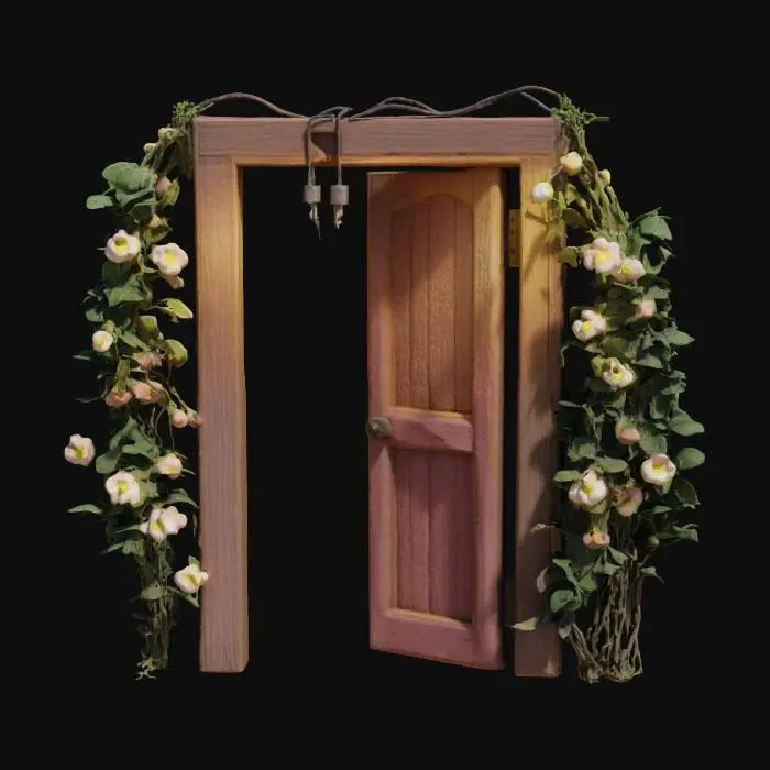 3D model for a slightly opened wooden door with lightbulbs hanging from its doorframe. light pink and yellow flowers grow up the sides and weeds crawl up it