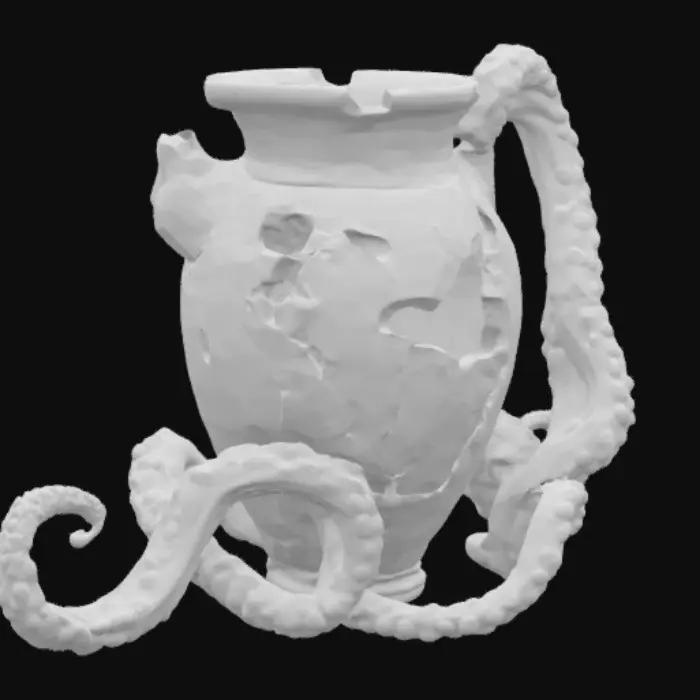 3D model for A Roman style white clay vase that’s chipped and broken with real octopus tentacles wrapping around it