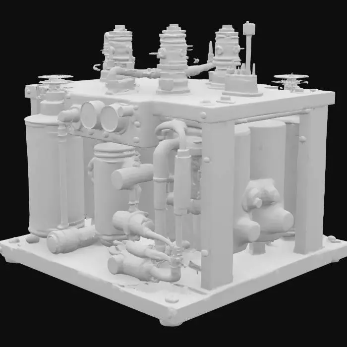 3D model for A steampunk-style mechanical device made of metal and wood. The main body is a wooden and metal-framed box housing two green energy canisters with rune-like metal engravings. The front features brass knobs and gauges for monitoring energy or pressure. Metal pipes extend from the sides, connecting to a cylindrical unit with diamond-shaped decorations. Antennas and mechanical rods are mounted on the top and back, blending magic with technology for a mysterious and advanced loo, #AroundTheWorld#