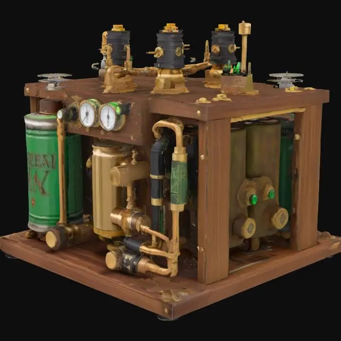3D model for A steampunk-style mechanical device made of metal and wood. The main body is a wooden and metal-framed box housing two green energy canisters with rune-like metal engravings. The front features brass knobs and gauges for monitoring energy or pressure. Metal pipes extend from the sides, connecting to a cylindrical unit with diamond-shaped decorations. Antennas and mechanical rods are mounted on the top and back, blending magic with technology for a mysterious and advanced loo, #AroundTheWorld#