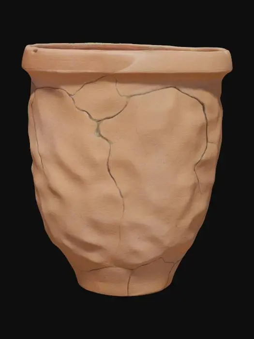 3D model for Generate a 3D model of a modern flower pot inspired by Japanese Wabi-Sabi aesthetics. The shape should be organically imperfect – slightly asymmetrical, with soft flowing curves, uneven edges, and a handmade clay texture. The surface should have a natural, weathered look, with small cracks or dents that emphasize uniqueness. The pot is medium-sized, with a wide top and tapering base, ideal for bonsai or zen garden plants.