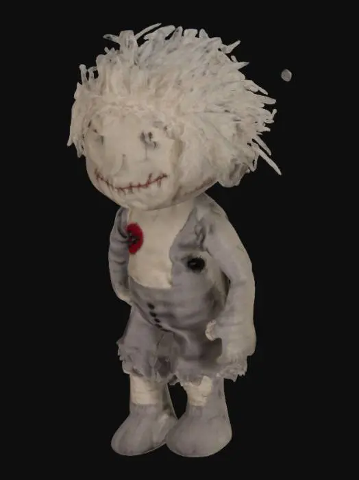 3D model for "a creepy rag doll with black button eyes and a stitched smile, worn fabric, horror style"