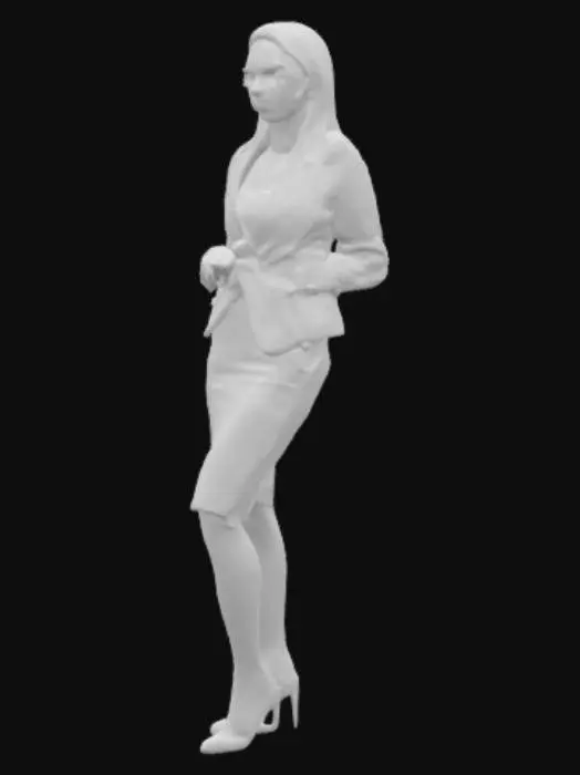 3D model for un'insegnante donna adulta con capelli biondi, occhiali ed un completo elegante di un colore chiaro, con un'espressione del viso rassicurante e cordiale