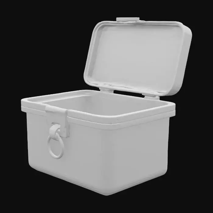 3D model for A small, rectangular box with a hinged lid, crafted from a dark, matte plastic. Its surface exhibits a fine, slightly grainy texture, giving it a non-reflective, charcoal black color. The box features softly rounded corners and edges, with an integrated hinge at the back and a simple latch on the front. Attached to the latch is a sturdy, circular pull-ring. It feels solid yet remarkably lightweight.