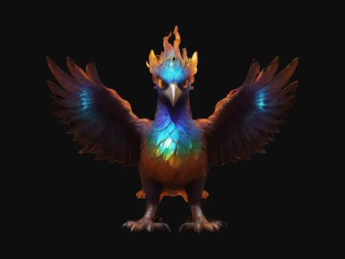 3D model for create an image of a creature for me based on the answers to these questions below; - What type of mythical creature are you thinking of? A merge of Dragon and Pheonix and eagle - What characteristics should it have? White fire-breathing, hair - What setting or environment does it belong to? Volcanoes - Anything else you'd like to tell me or include? White, red, blue and gold colors. It should also tend to look more like an eagle than a dragon