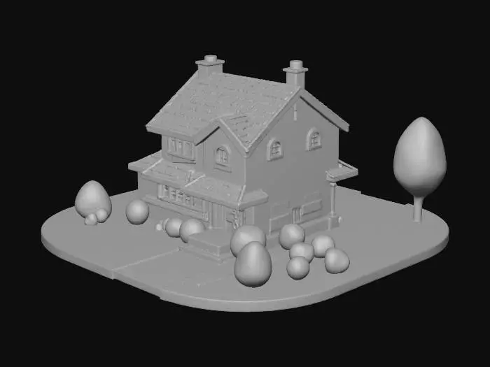 3D model for Low poly suburban house game asset.
Simple geometry, slightly gritty.
Two story house with pitched roof.
Muted colors, realistic proportions.
Flat shading, minimal textures.
Optimized for Unreal Engine.
Single mesh, no interior, no props.