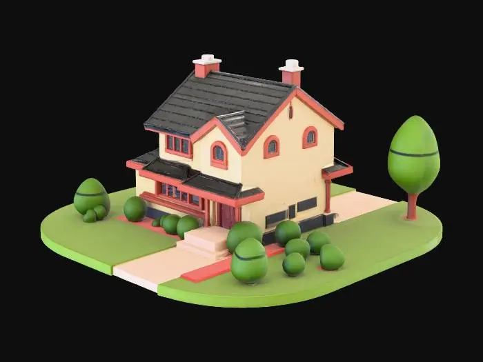 3D model for Low poly suburban house game asset.
Simple geometry, slightly gritty.
Two story house with pitched roof.
Muted colors, realistic proportions.
Flat shading, minimal textures.
Optimized for Unreal Engine.
Single mesh, no interior, no props.