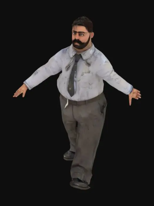 3D model for Kravatı biraz yamulmuş üstündeki gömleği yer yer yırtılmış ve kirli olan bir ofis çalışanı. Giydiği kumaş pantolon da yine kirli ancak gömleğinden daha iyi durumda. Kundura tarzı siyah ayakkabılarında da yer yer gri lekeler mevcut. Saçları, sakalı ve bıyığı da kirli ve dağınık. (T posing)