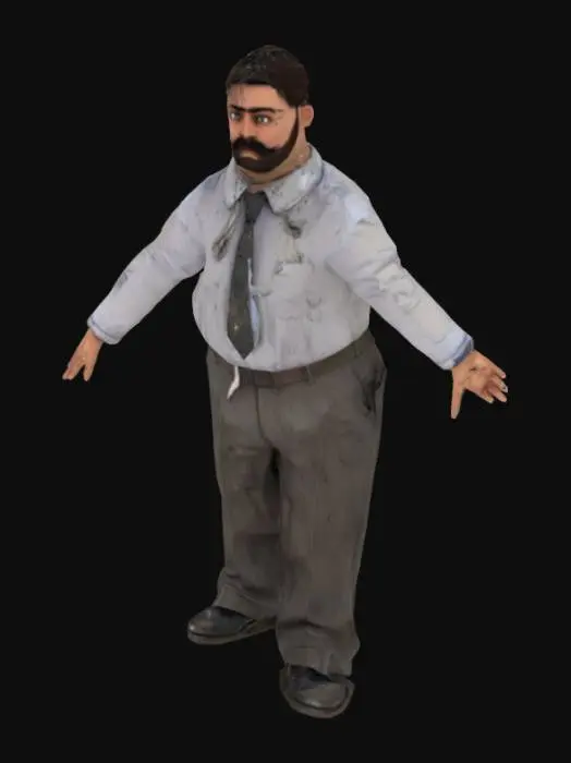 3D model for Kravatı biraz yamulmuş üstündeki gömleği yer yer yırtılmış ve kirli olan bir ofis çalışanı. Giydiği kumaş pantolon da yine kirli ancak gömleğinden daha iyi durumda. Kundura tarzı siyah ayakkabılarında da yer yer gri lekeler mevcut. Saçları, sakalı ve bıyığı da kirli ve dağınık. (T posing)