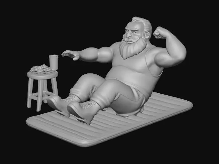3D model for #Christmas2025#, santa claus doing sit ups to get in shape for christmass ,he wears his red pants and boots and a white workout singlet . a stool with a plate of cookies and a glass of milk just out of reach