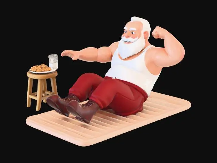 3D model for #Christmas2025#, santa claus doing sit ups to get in shape for christmass ,he wears his red pants and boots and a white workout singlet . a stool with a plate of cookies and a glass of milk just out of reach