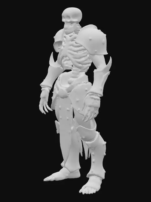 3D model for A skeletal warrior, gaunt and imposing, stands poised for attack, its ancient bones visible beneath sections of its decaying armor. Its armor is crafted from heavy, pitted metal, thoroughly coated in layers of flaky, reddish-brown rust, giving it a rough, brittle texture.  The skeletal structure itself is a yellowish-white, appearing dry and brittle.