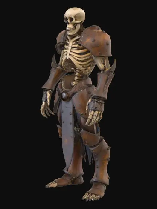3D model for A skeletal warrior, gaunt and imposing, stands poised for attack, its ancient bones visible beneath sections of its decaying armor. Its armor is crafted from heavy, pitted metal, thoroughly coated in layers of flaky, reddish-brown rust, giving it a rough, brittle texture.  The skeletal structure itself is a yellowish-white, appearing dry and brittle.