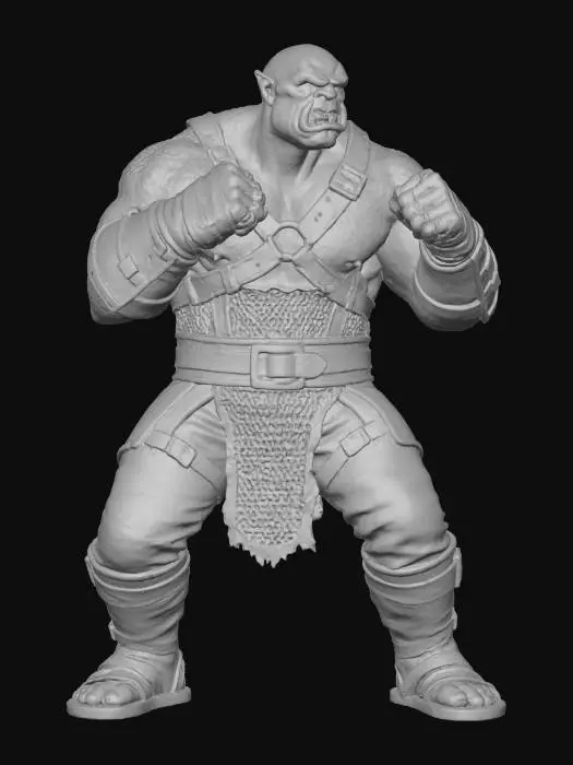 3D model for A hulking male half-orc fighter in a high fantasy D&D 5e setting, using his fists as his primary weapon. He is a formidable, muscular brawler with an intimidating presence. He wears rugged, practical leather and some light chainmail armor, not restrictive plate. His hands are wrapped in thick, torn leather bindings and perhaps some metal knuckles. He has prominent tusks and a scarred face, with a fierce, determined expression. He is in a dynamic, ready-to-fight stance. white background