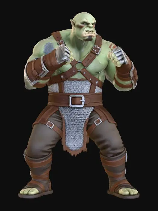 3D model for A hulking male half-orc fighter in a high fantasy D&D 5e setting, using his fists as his primary weapon. He is a formidable, muscular brawler with an intimidating presence. He wears rugged, practical leather and some light chainmail armor, not restrictive plate. His hands are wrapped in thick, torn leather bindings and perhaps some metal knuckles. He has prominent tusks and a scarred face, with a fierce, determined expression. He is in a dynamic, ready-to-fight stance. white background