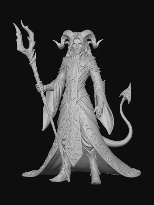 3D model for A high-quality, full-body character portrait of a young adult male Tiefling sorcerer in the style of Dungeons & Dragons concept art. He has deep violet skin, large, curling ram's horns, and a long, prehensile tail with a devil spade shape at the tip. His eyes are solid gold and glow faintly with arcane energy. He has shoulder-length, raven-black hair with shimmering blue highlights and a modest goatee. He wears ornate, flowing robes of dark amethyst and silver, detailed with intricate embroidery. He is holding an ancient, gnarled elderwood staff that crackles with chaotic blue energy. The setting is a dimly lit, mysterious ancient ruin with a swirling portal in the background. Cinematic lighting, high detail, sharp focus, fantasy illustration, by artists like Peter Mohrbacher and Brom.