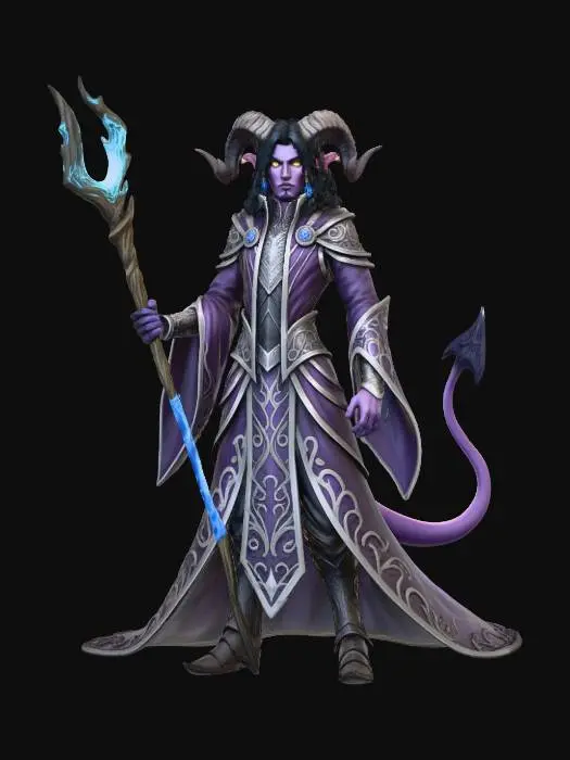 3D model for A high-quality, full-body character portrait of a young adult male Tiefling sorcerer in the style of Dungeons & Dragons concept art. He has deep violet skin, large, curling ram's horns, and a long, prehensile tail with a devil spade shape at the tip. His eyes are solid gold and glow faintly with arcane energy. He has shoulder-length, raven-black hair with shimmering blue highlights and a modest goatee. He wears ornate, flowing robes of dark amethyst and silver, detailed with intricate embroidery. He is holding an ancient, gnarled elderwood staff that crackles with chaotic blue energy. The setting is a dimly lit, mysterious ancient ruin with a swirling portal in the background. Cinematic lighting, high detail, sharp focus, fantasy illustration, by artists like Peter Mohrbacher and Brom.