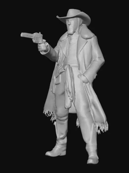 3D model for A commanding wild west bandit leader, a gunslinger blending Western and Viking aesthetics, stands with a formidable presence. He wears a heavy, dark leather duster adorned with rugged fur trim and metallic studs, giving it a coarse yet sturdy feel. A wide, worn belt holds a gleaming, cold steel revolver with a smooth grip. His rugged features are shadowed by a wide-brimmed hat