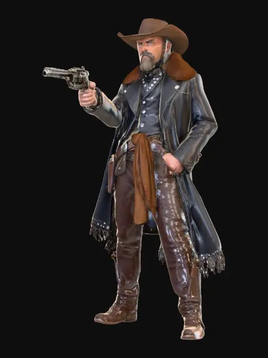 3D model for A commanding wild west bandit leader, a gunslinger blending Western and Viking aesthetics, stands with a formidable presence. He wears a heavy, dark leather duster adorned with rugged fur trim and metallic studs, giving it a coarse yet sturdy feel. A wide, worn belt holds a gleaming, cold steel revolver with a smooth grip. His rugged features are shadowed by a wide-brimmed hat