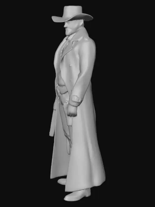 3D model for A lean wild west gunslinger stands in a focused side-on stance, his body poised and alert. His right arm is extended directly forward, gripping a dark, polished metal Peacemaker revolver. The revolver features a smooth, light-colored grip, cool to the touch. He wears a heavy, dust-worn brown duster coat, its thick fabric showing creases and fading, over a plain, light-colored rough-spun shirt. A dark, supple leather belt and holster with intricate stitching encircle his waist, holding the weapon securely. His face is rugged and shadowed by a wide-brimmed hat.