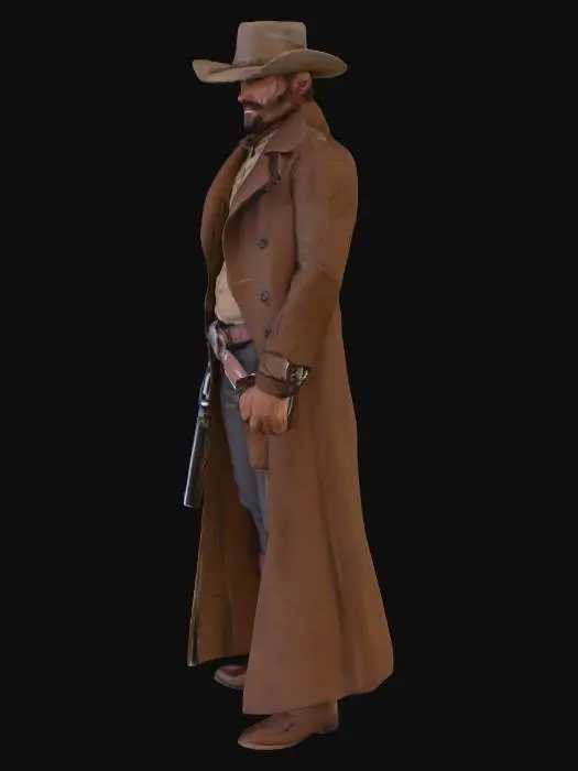 3D model for A lean wild west gunslinger stands in a focused side-on stance, his body poised and alert. His right arm is extended directly forward, gripping a dark, polished metal Peacemaker revolver. The revolver features a smooth, light-colored grip, cool to the touch. He wears a heavy, dust-worn brown duster coat, its thick fabric showing creases and fading, over a plain, light-colored rough-spun shirt. A dark, supple leather belt and holster with intricate stitching encircle his waist, holding the weapon securely. His face is rugged and shadowed by a wide-brimmed hat.