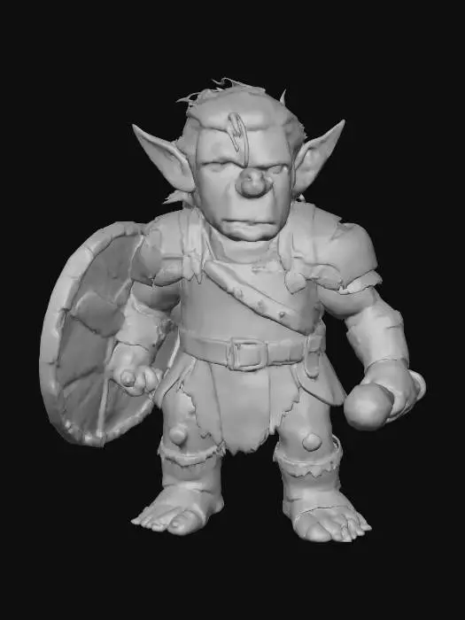 3D model for a  goblin warrior about the size of a child ,wild unkept hair, in his right hand is a badly constructed wooden shield in his left hand is a crude club 