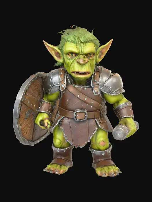 3D model for a  goblin warrior about the size of a child ,wild unkept hair, in his right hand is a badly constructed wooden shield in his left hand is a crude club 