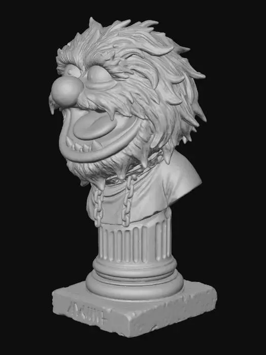 3D model for A captivating Roman-style bust of Animal from The Muppets, featuring his head and the top of his shoulders. His vibrant red-orange shaggy fur and wild hair are dynamically sculpted, framing his wide-open mouth revealing irregular white teeth and a dark interior, along with his prominent red nose and expressive dark eyebrows. The bust's base is a textured, classical Roman-style column, transitioning to a sturdy, square flat surface. The piece captures Animal's frenetic energy, with  fur and smooth, stony column. on a white background