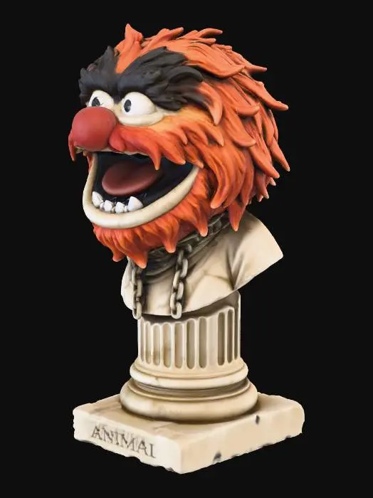 3D model for A captivating Roman-style bust of Animal from The Muppets, featuring his head and the top of his shoulders. His vibrant red-orange shaggy fur and wild hair are dynamically sculpted, framing his wide-open mouth revealing irregular white teeth and a dark interior, along with his prominent red nose and expressive dark eyebrows. The bust's base is a textured, classical Roman-style column, transitioning to a sturdy, square flat surface. The piece captures Animal's frenetic energy, with  fur and smooth, stony column. on a white background