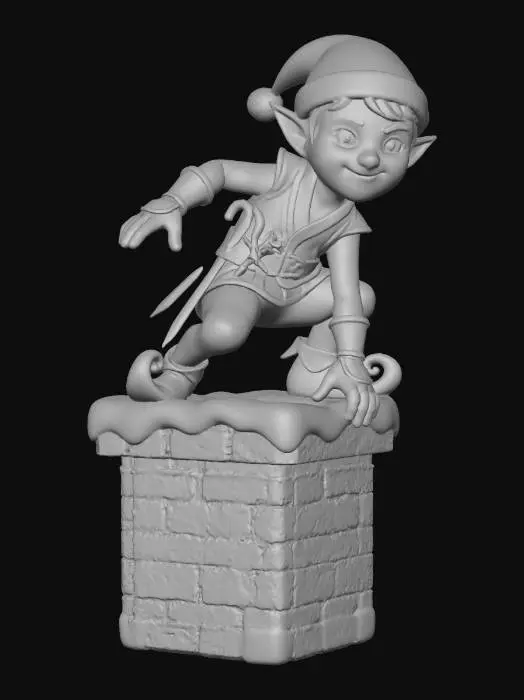 3D model for #Christmas2025#,  a Christmas elf ninja perches on a chimney, his ninja outfit is Christmas  colored festive colors  red, green,  white with curly elf shoes and a Christmas  hat, twin sharpened candy canes hand at his belt next to his Christmas star ninja stars, all on a white background