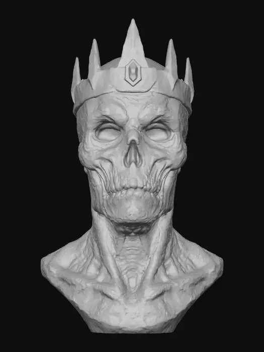 3D model for a 3d model of a bust featuring a lich an undead wizard , dry tight skin, sunken eyes, withered lips, evil crown of black iron with a red gem, blank white background, high detail