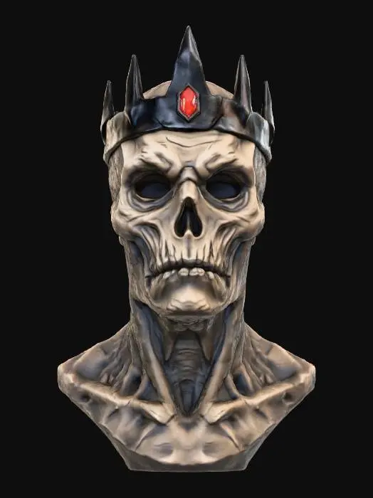 3D model for a 3d model of a bust featuring a lich an undead wizard , dry tight skin, sunken eyes, withered lips, evil crown of black iron with a red gem, blank white background, high detail