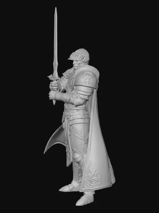 3D model for a 3d model of a heavily armored holy knight , his armor is silver with accents of blue and gold , he stands tall holding his holy sword stright up in the air in a powerful pose, blank white background, hig detail, plate-mail armor