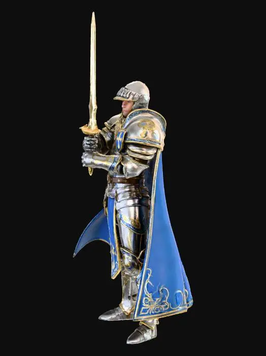 3D model for a 3d model of a heavily armored holy knight , his armor is silver with accents of blue and gold , he stands tall holding his holy sword stright up in the air in a powerful pose, blank white background, hig detail, plate-mail armor