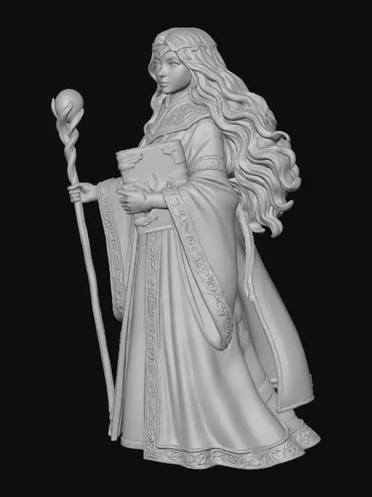 3D model for a 3d model of a beautiful holy priestess , her clothes are mostly a royal blue with white trim , in one hand she clasps a staff and in the other a holy book, blank white background, high detail