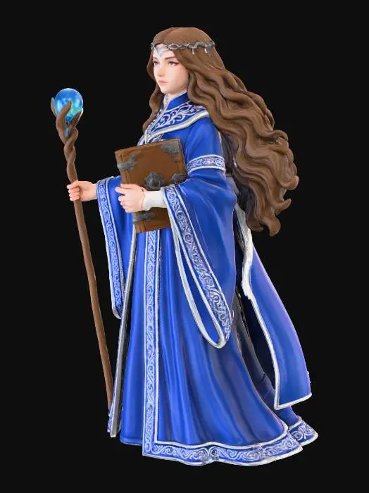 3D model for a 3d model of a beautiful holy priestess , her clothes are mostly a royal blue with white trim , in one hand she clasps a staff and in the other a holy book, blank white background, high detail