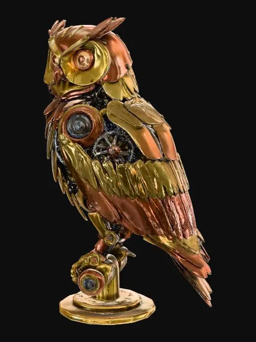 3D model for a 3d model of a clockwork automation in the form of an owl , similar to the robot owl from clash of the titans, elements of clockwork showing, gears and cogs