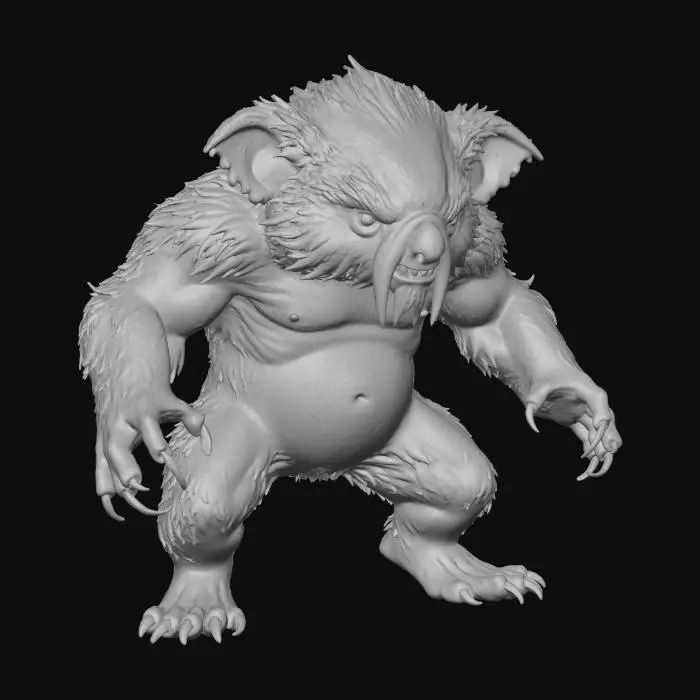 3D model for A fierce, trained zorbo animal companion. The zorbo is a small, bipedal creature resembling a blend of a gremlin and a koala, with shaggy, dark fur and long, sharp claws. The art style should be a realistic fantasy illustration, dynamic lighting, and high detail, in the style of Dungeons & Dragons concept art.